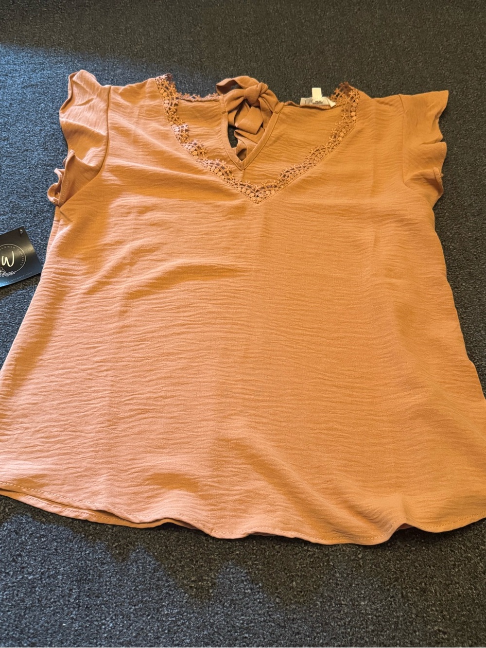 MiNE Rust Flutter Sleeve V-Neck Lace Trim Blouse – Boho Chic Back-Tie Top- M - Picture 3 of 9